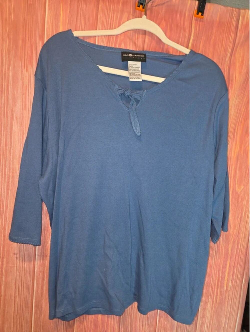 Sag Harbor Woman Slate Blue Picot Trim Tie Neck 3/4 Sleeve Top Size 2X